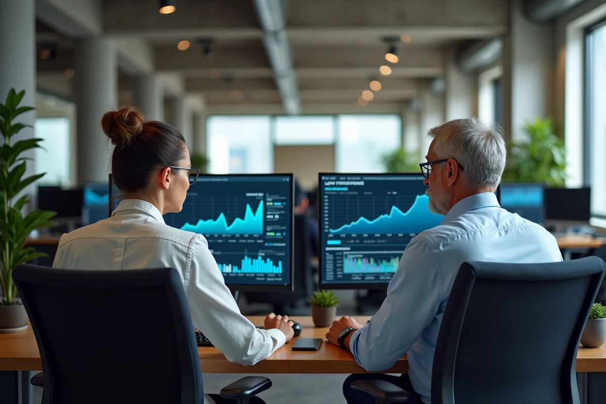 Deux collègues analysant la sécurité d'une plateforme de gains et de fidélité dans un bureau professionnel moderne