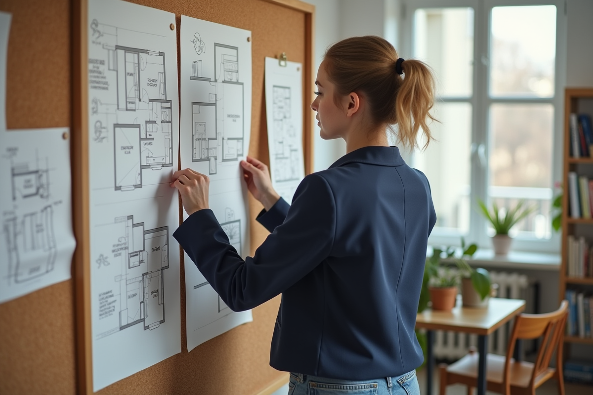 Jeune architecte étudiant des plans dans un bureau lumineux