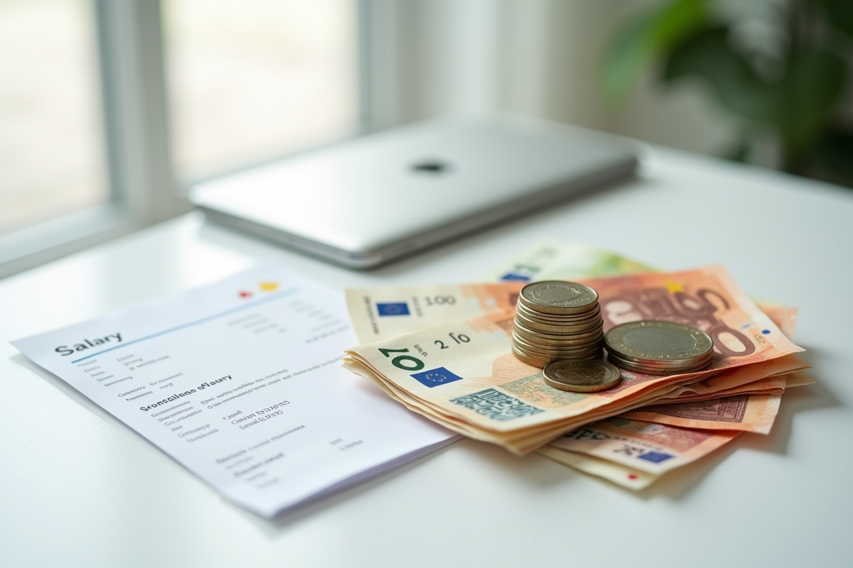 Fiche de salaire avec billets et pièces d