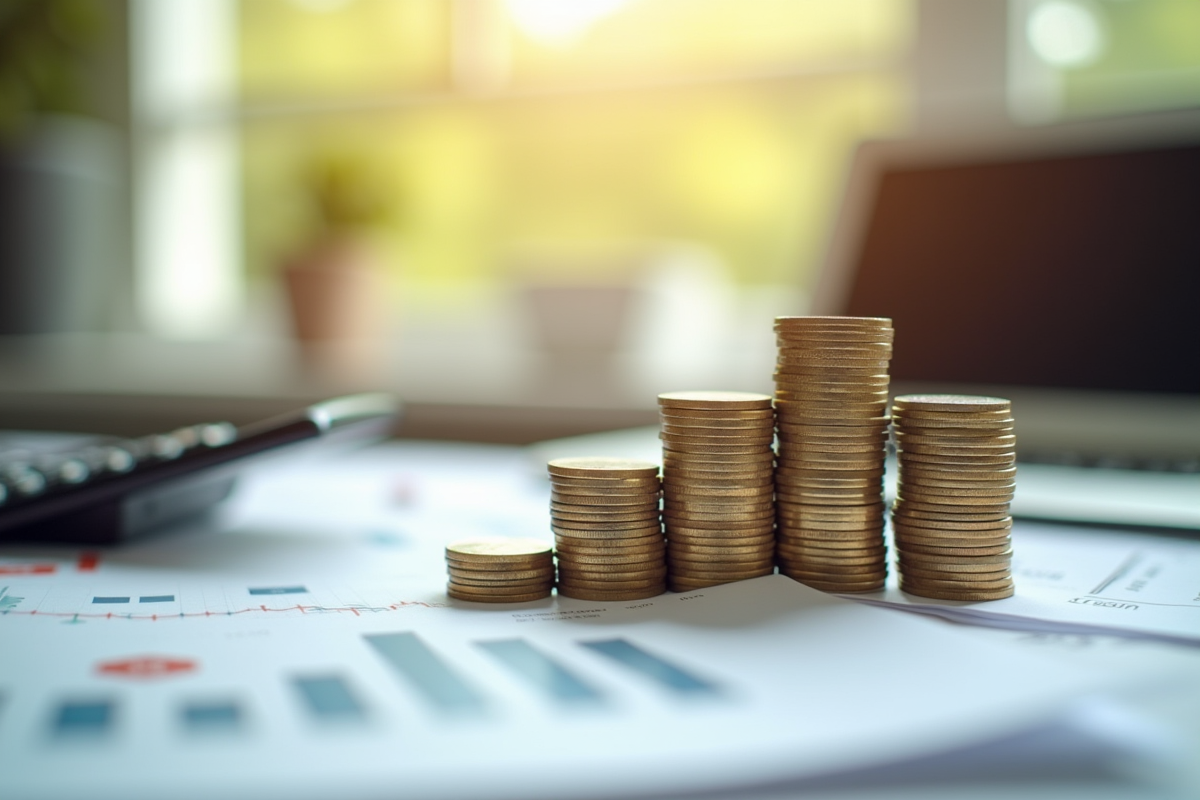 Bureau professionnel avec pièces et calculatrice pour investissement
