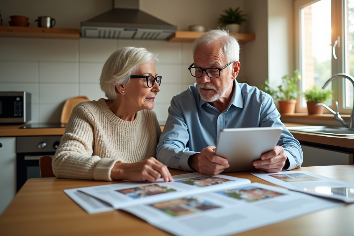 Couple discutant dans cuisine avec brochures immobilières