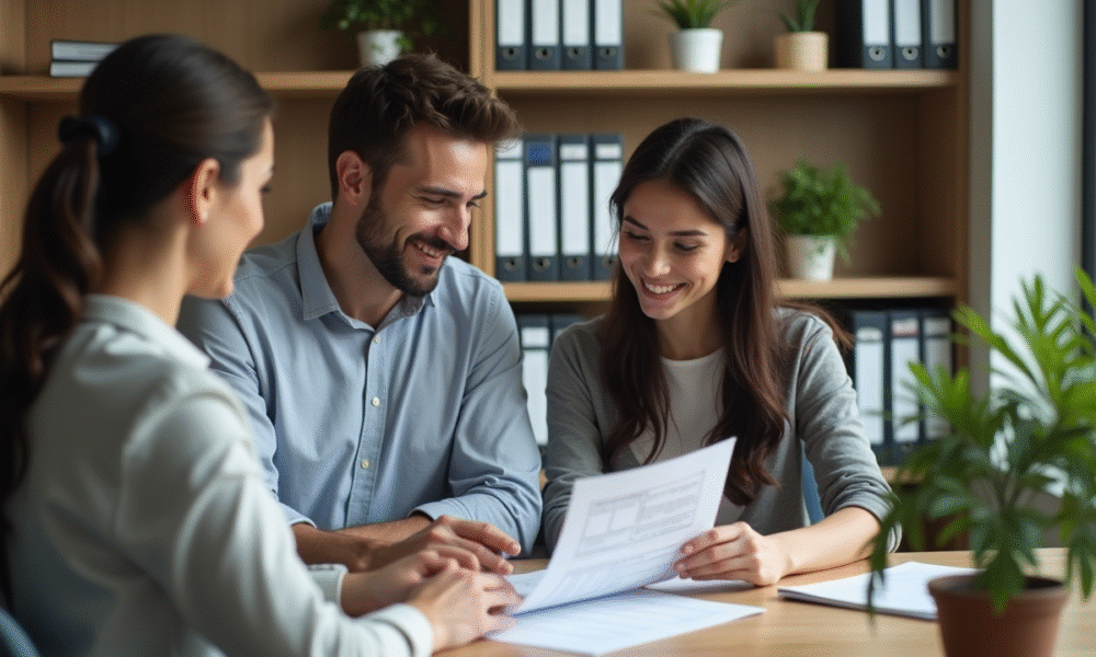 Jeune couple en réunion avec une banquière pour un prêt immobilier