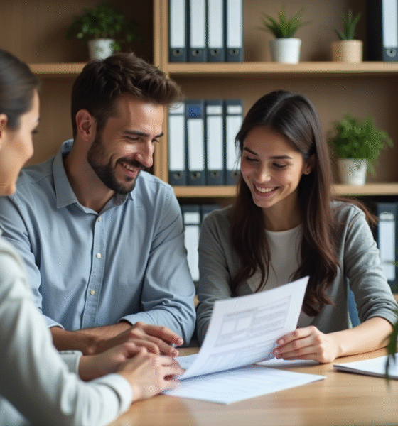 Jeune couple en réunion avec une banquière pour un prêt immobilier