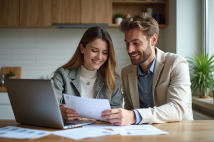 Jeune couple discutant finances dans une cuisine moderne