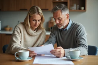 Couple de milieu d'âge lisant des documents de prêt immobilier