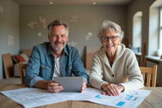 Couple souriant discutant autour de plans de rénovation