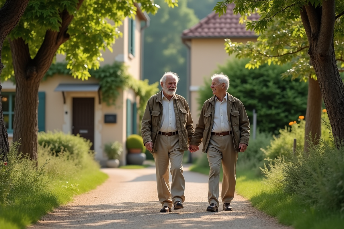 Couple retraite se promenant dans un village rural
