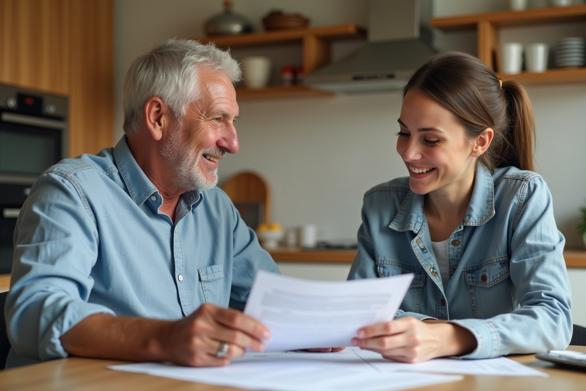 Homme et femme discutant de documents dans une cuisine lumineuse