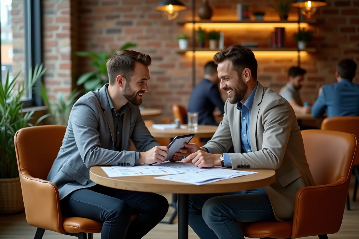 Deux entrepreneurs comparant les solutions de trésorerie d'une néobanque et d'une banque classique dans un espace de coworking