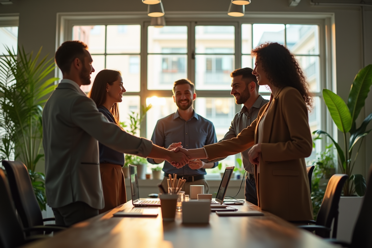 Groupe de professionnels célébrant leur succès en coworking