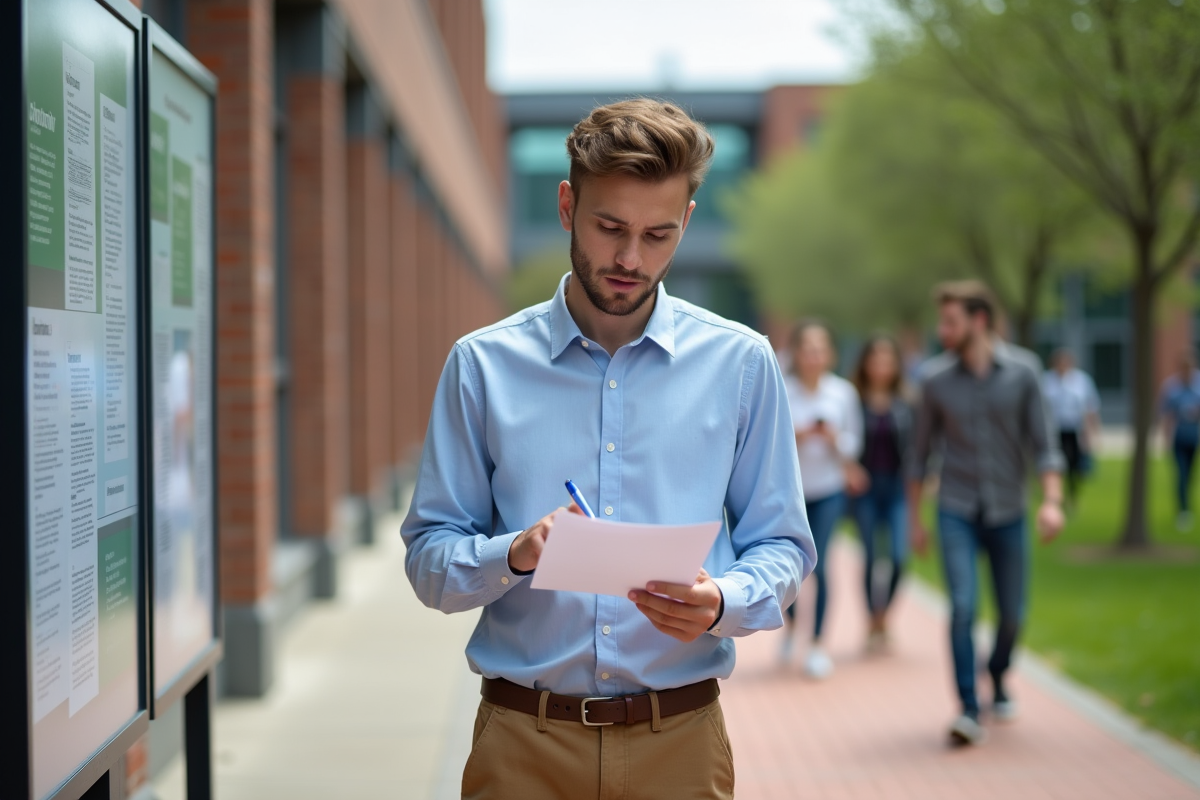 Étudiant regardant des documents près du panneau d