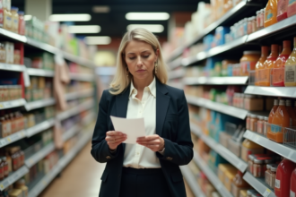 Femme d affaires examinant un reçu dans un supermarché