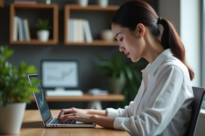 Femme d'affaires regardant un graphique financier sur son ordinateur