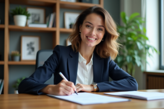Femme d'affaires signant des documents dans un bureau moderne