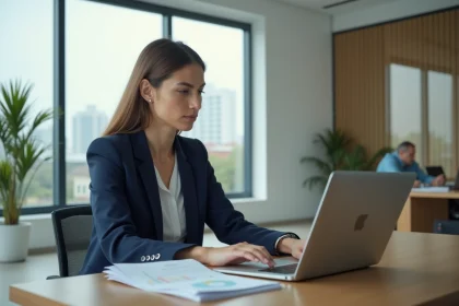 Femme d'affaires analysant les options de trésorerie entre banque hero et banque traditionnelle sur un ordinateur portable