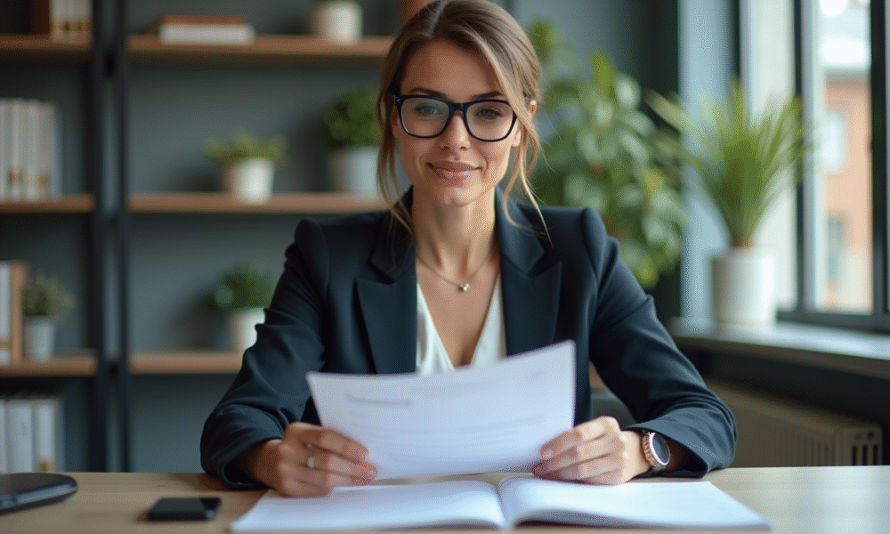 Femme d affaires examine documents d assurance dans un bureau moderne