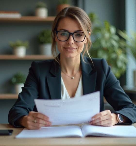 Femme d affaires examine documents d assurance dans un bureau moderne