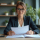 Femme d affaires examine documents d assurance dans un bureau moderne