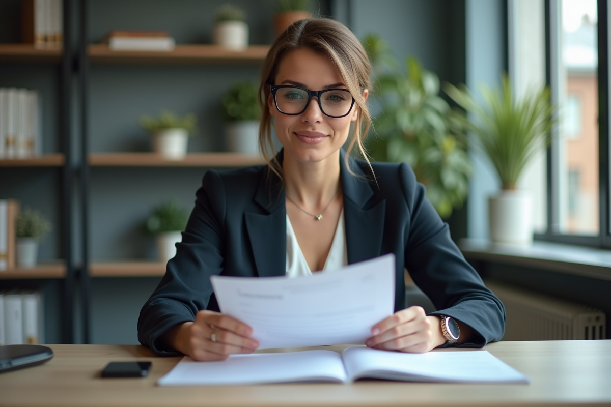 Femme d affaires examine documents d assurance dans un bureau moderne