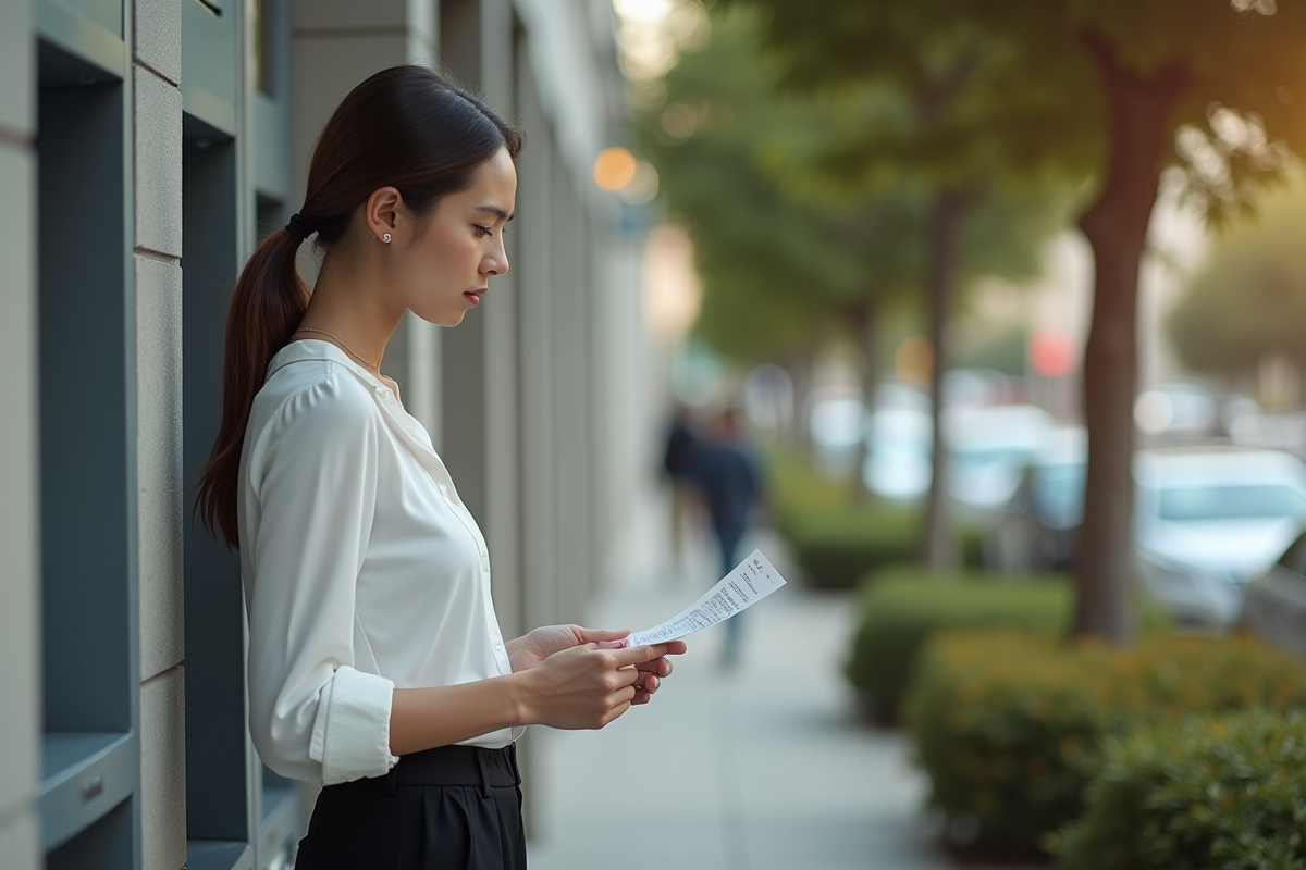 Jeune femme préoccupée devant un distributeur automatique