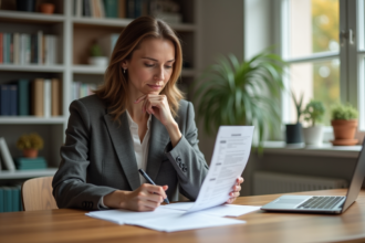 Femme d'âge moyen dans un bureau moderne examine des documents d'assurance