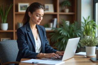 Femme confiante travaillant sur son ordinateur avec un certificat d'assurance