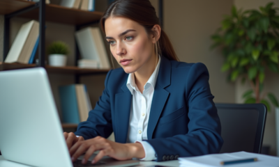 Jeune femme en blazer bleu travaillant sur son ordinateur au bureau