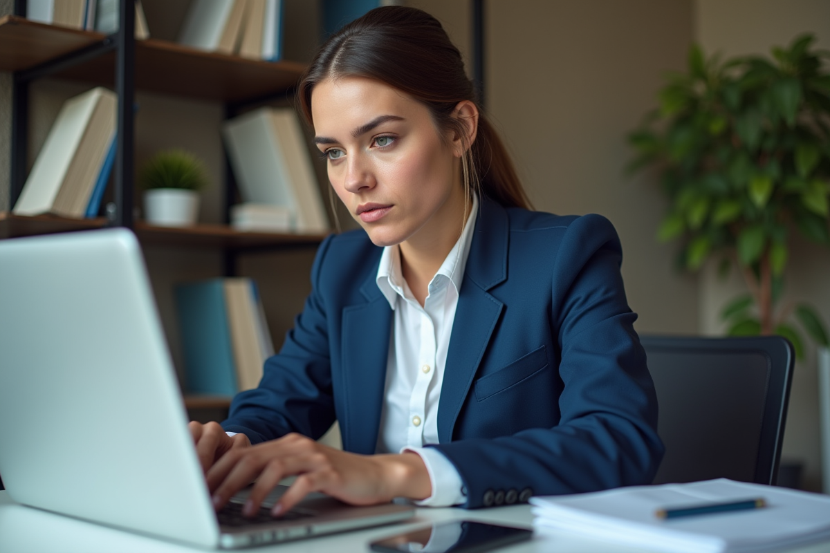 Jeune femme en blazer bleu travaillant sur son ordinateur au bureau
