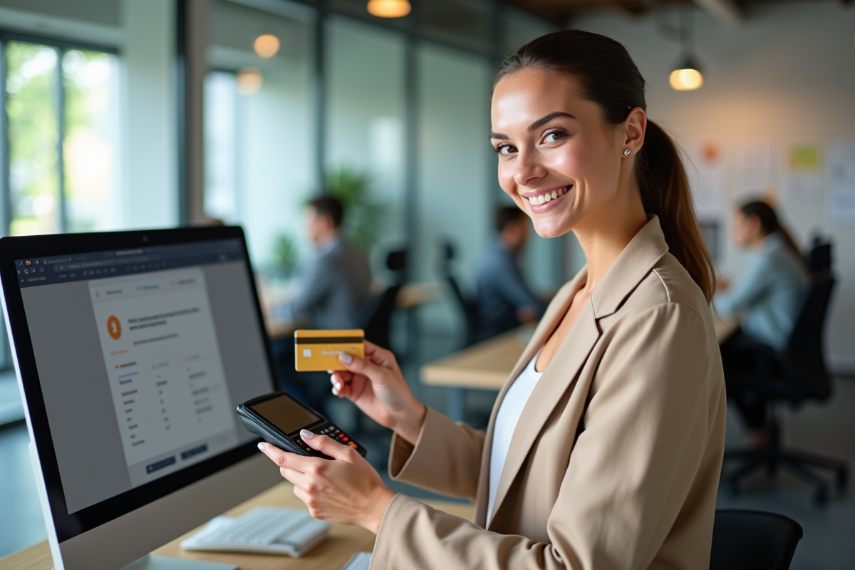 Femme vérifiant une confirmation de transaction Bitcoin au bureau