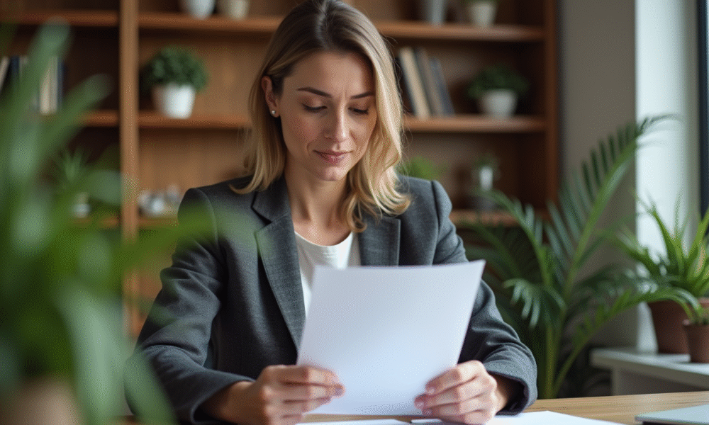 Femme en tenue professionnelle lisant un contrat dans un bureau moderne