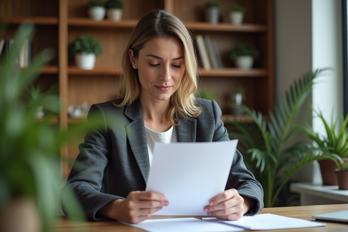 Femme en tenue professionnelle lisant un contrat dans un bureau moderne