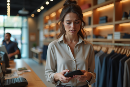 Femme d affaires regardant sa carte rejetee en boutique