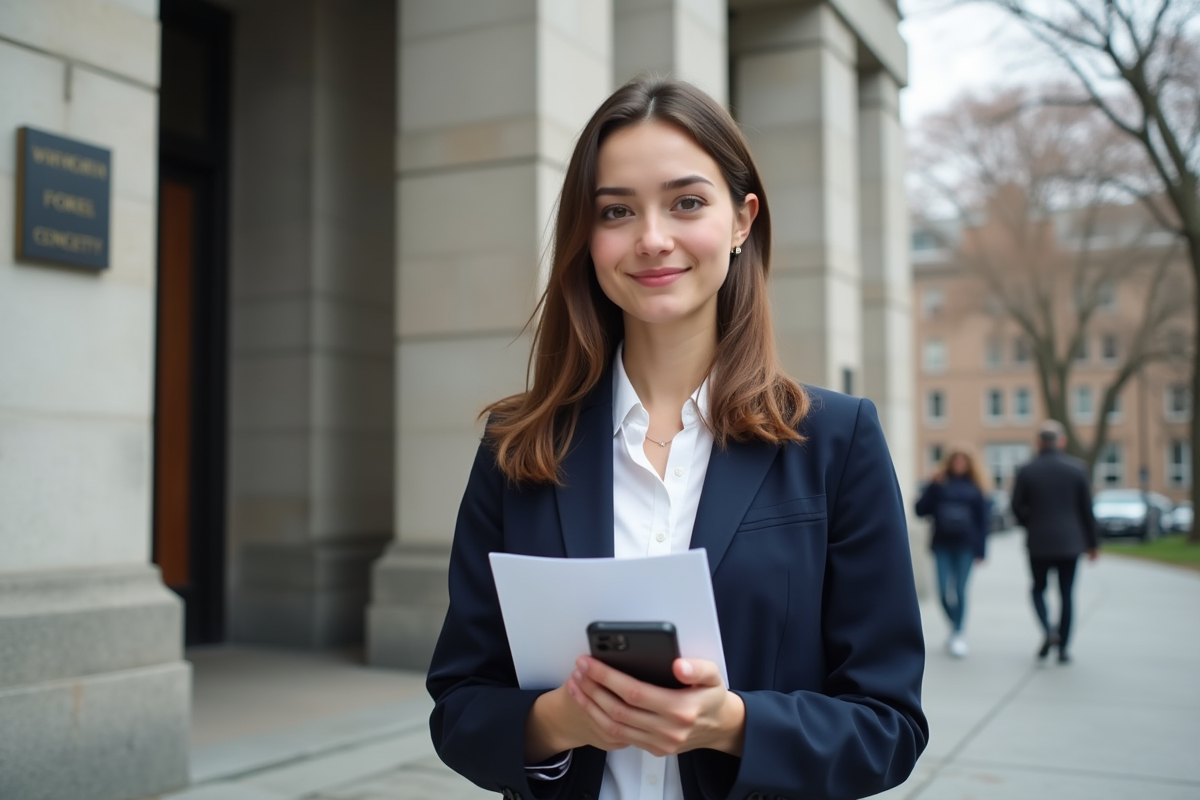 Jeune femme en blazer devant un bâtiment officiel avec enveloppe