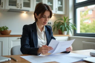 Femme en cuisine examine des documents attentivement