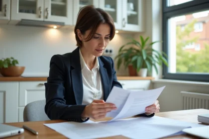 Femme en cuisine examine des documents attentivement