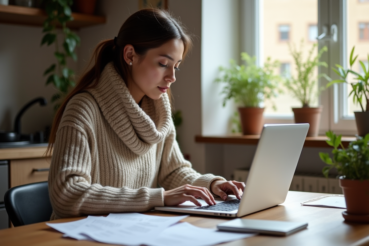 Jeune femme à la maison saisissant des données financières