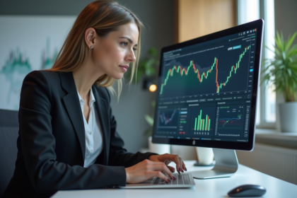 Femme professionnelle analysant un portefeuille ETF sur un ordinateur