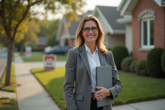 Femme souriante avec clés et dossier devant maison