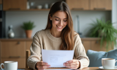 Jeune femme lisant documents de pret voiture à la maison