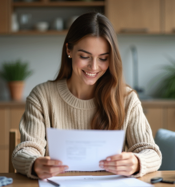 Jeune femme lisant documents de pret voiture à la maison