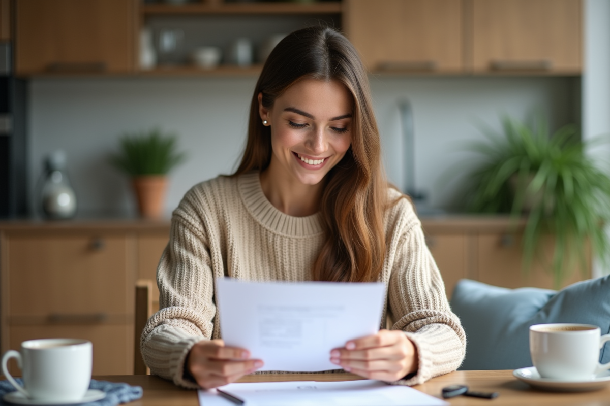 Jeune femme lisant documents de pret voiture à la maison