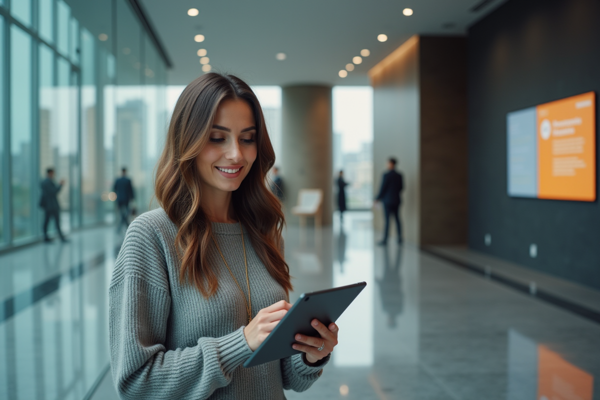 Femme dans un lobby urbain utilisant une tablette