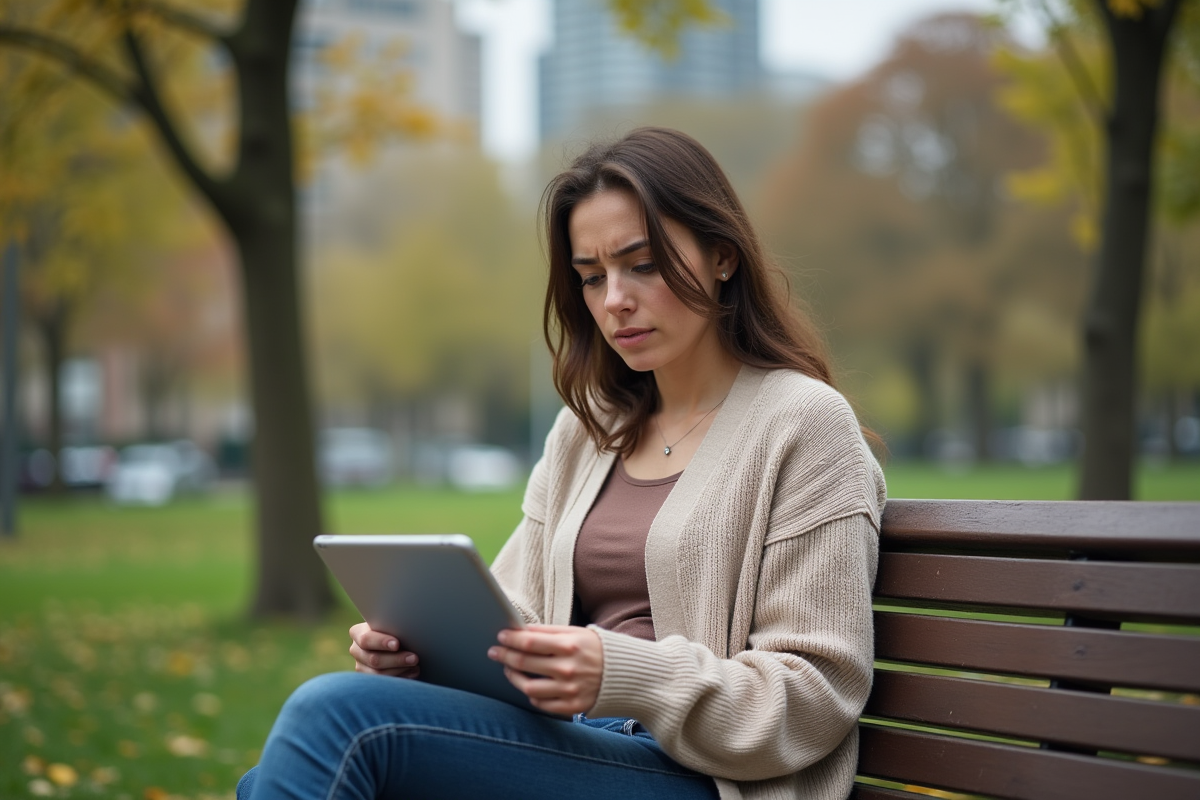 Jeune femme assise dans un parc regarde son tablette avec inquiétude