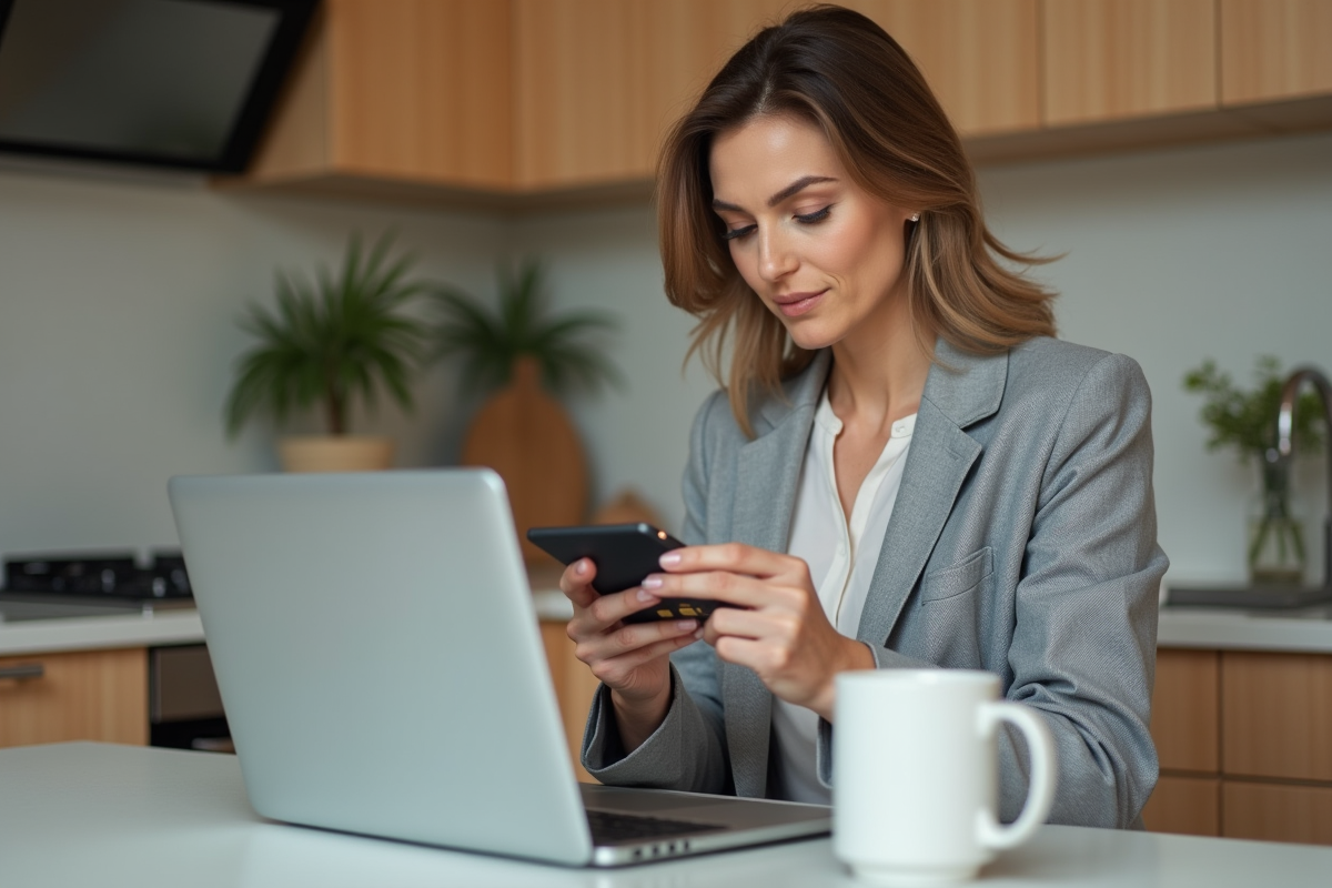 Femme tenant un portefeuille hardware dans la cuisine
