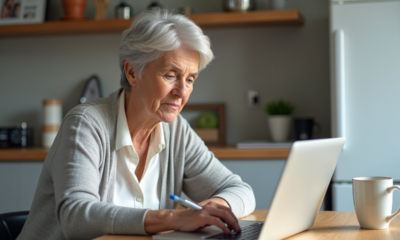 Femme retraitée concentrée sur un calculateur en cuisine