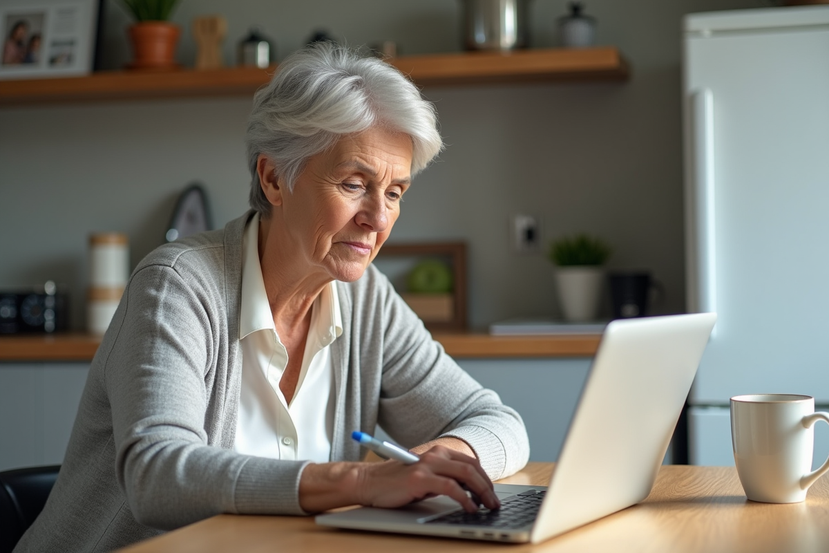Femme retraitée concentrée sur un calculateur en cuisine