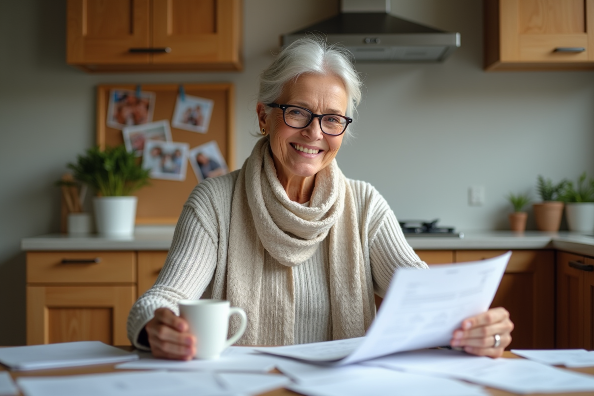 Femme retraitée souriante dans sa cuisine lumineuse