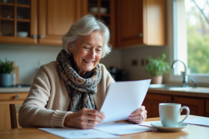 Femme retraitée souriante examinant ses papiers de pension