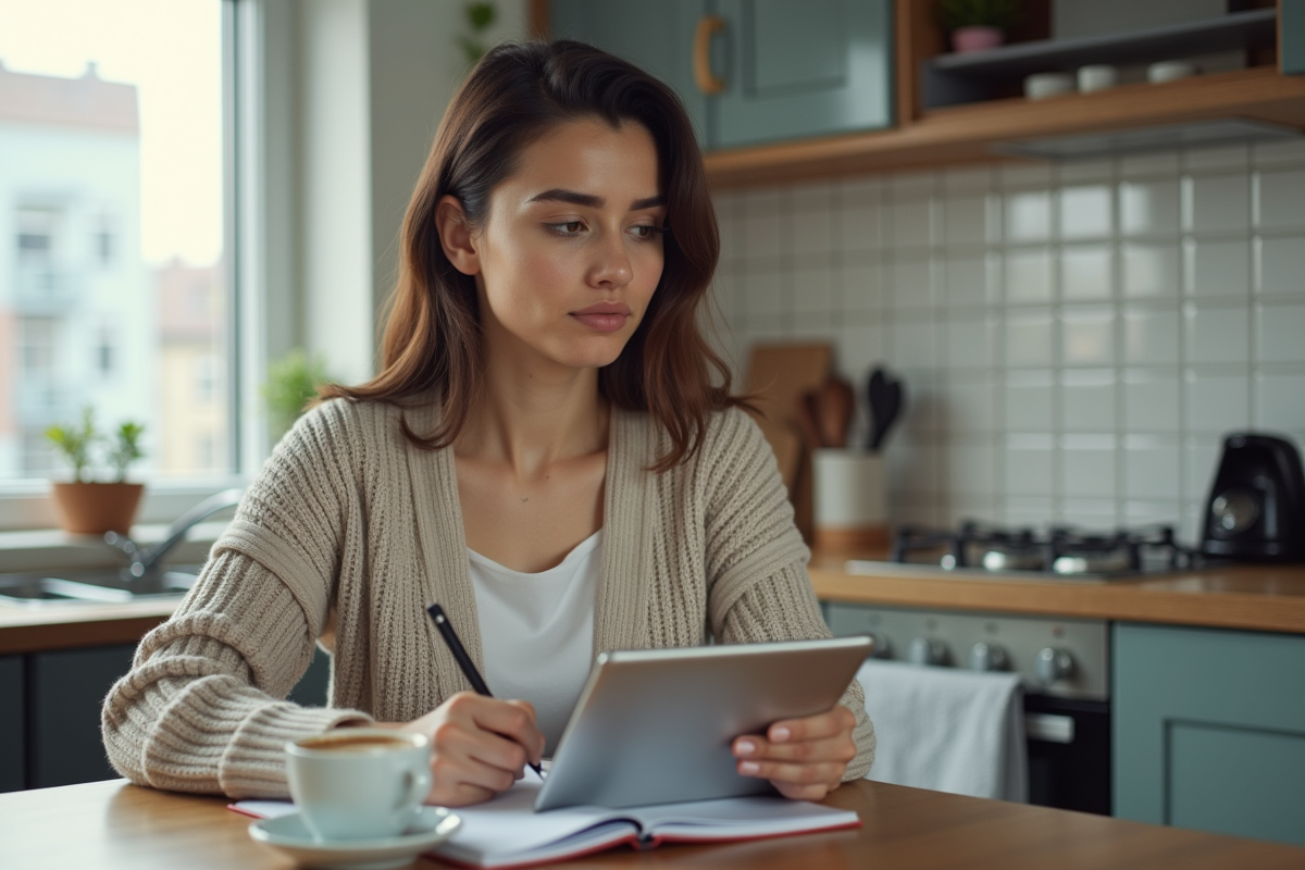 Jeune femme consulte un relevé bancaire sur une tablette dans la cuisine