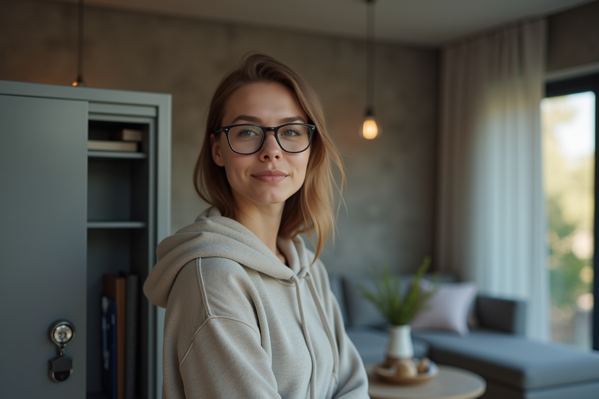 Jeune femme vérifiant un portefeuille hardware dans une safe
